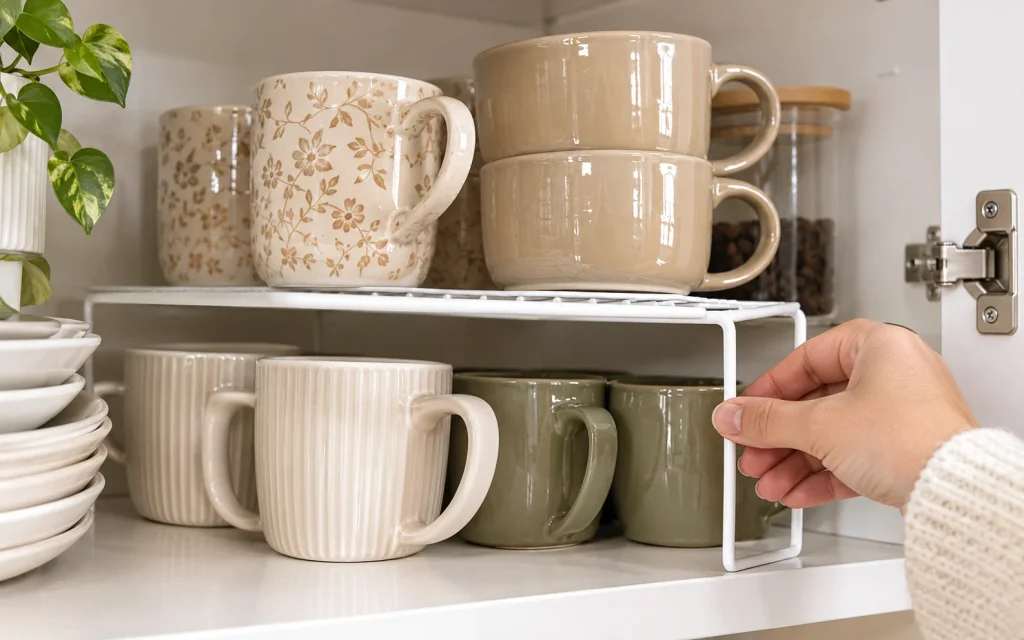 Affordable Tips to Organize Kitchen: 16 Easy Pinterest Ideas 2 Hand sliding a shelf riser under mugs to organize kitchen cabinets