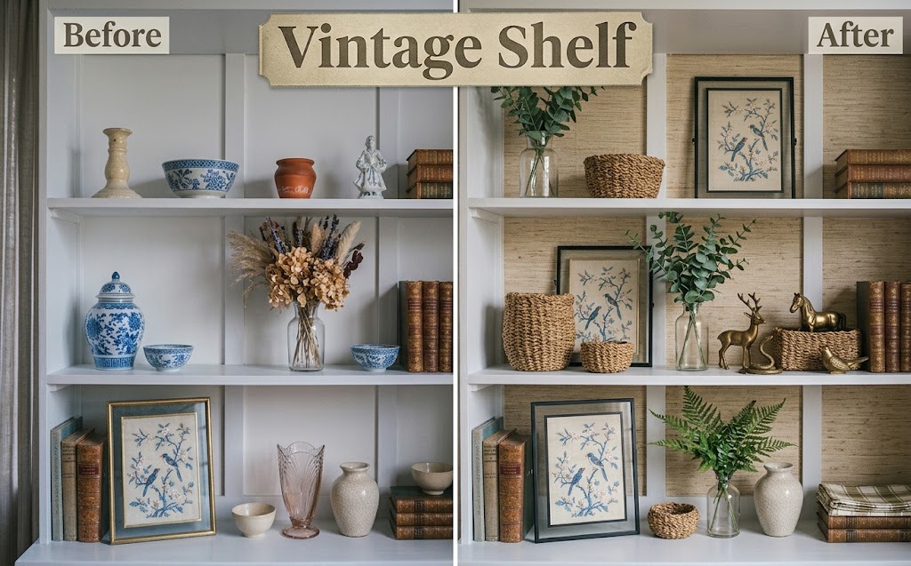 Shelf Wallpaper: 15 Ideas to Refresh Any Room 8 Before and after of built-in bookcases with grasscloth