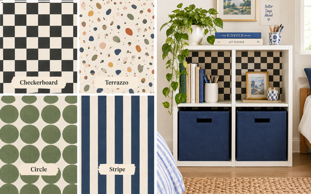 Shelf Wallpaper: 15 Ideas to Refresh Any Room 2 shelf-wallpaper-cube-organizer-bold-prints.