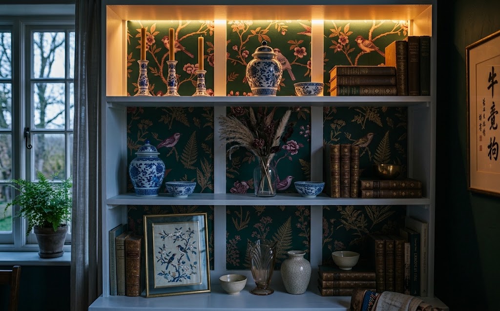 Shelf Wallpaper: 15 Ideas to Refresh Any Room 6 shelf-wallpaper-dark-floral-moody-bookcase