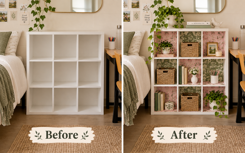 Shelf Wallpaper: 15 Ideas to Refresh Any Room 1 Before and after of a dorm room ideas cubby