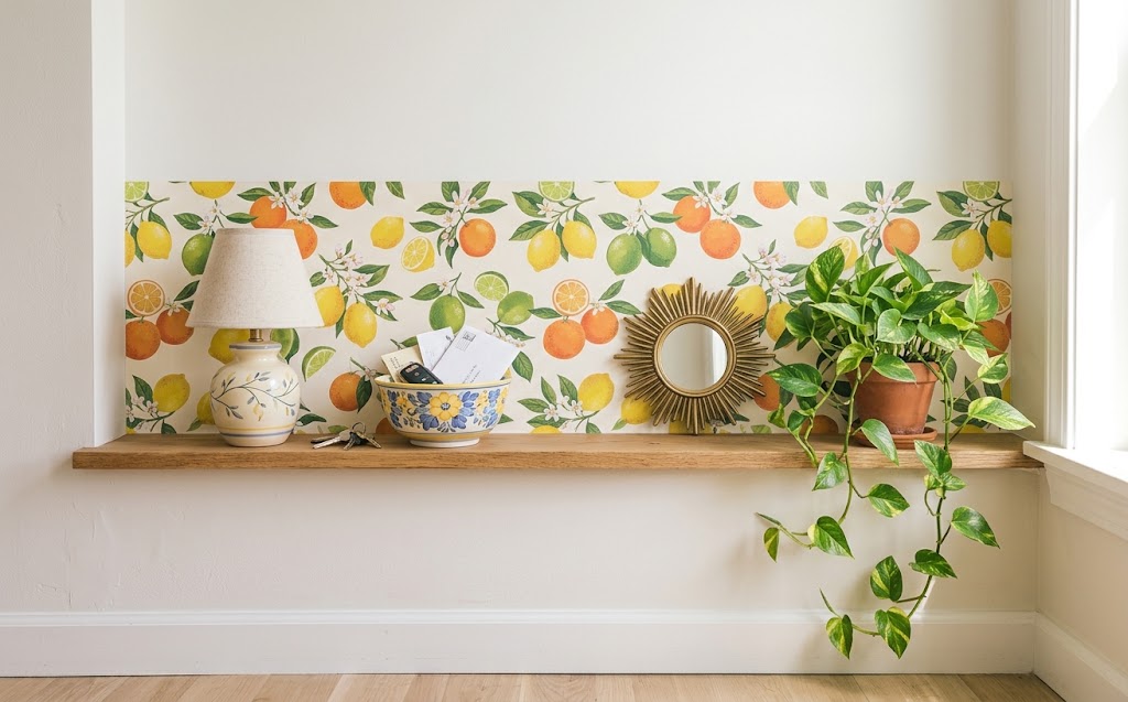 Shelf Wallpaper: 15 Ideas to Refresh Any Room 11 shelf-wallpaper-entryway-ledge-band