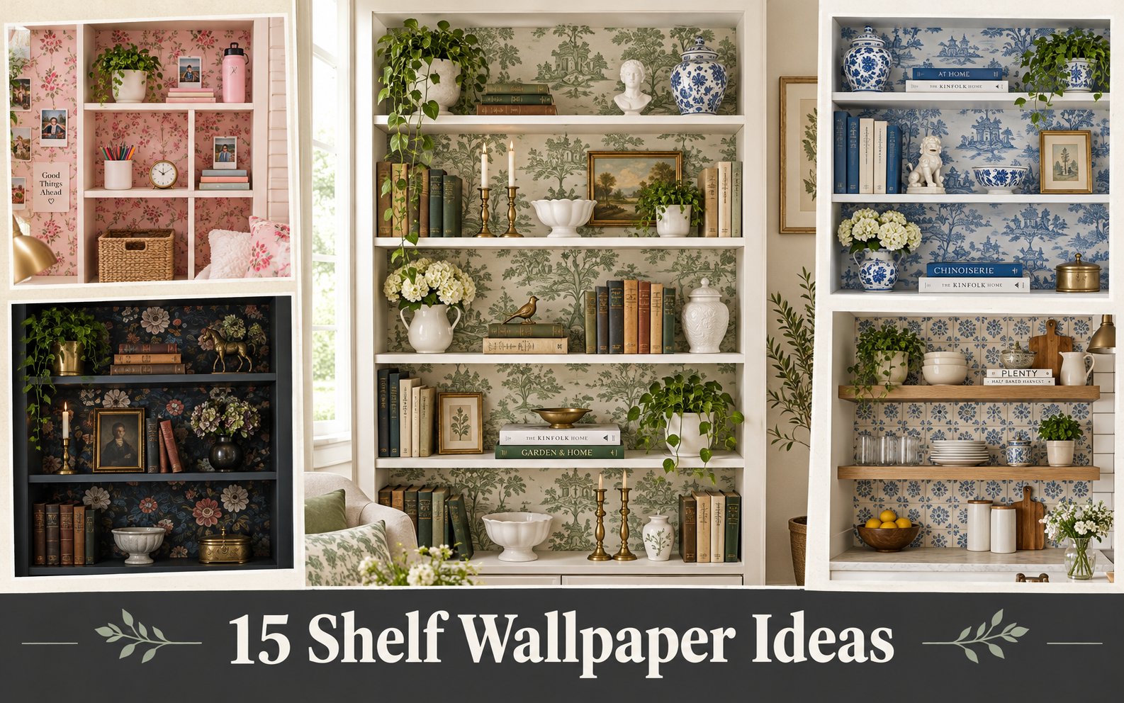 Shelf Wallpaper: 15 Ideas to Refresh Any Room 1 Collage of 15 shelf wallpaper ideas including botanical toile, floral dorm cubbies