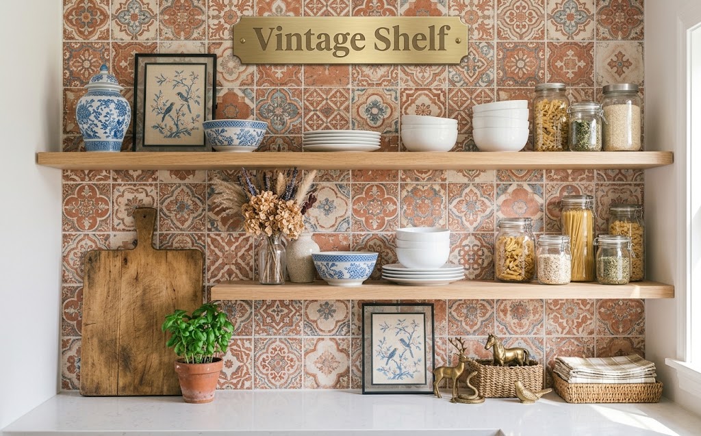 Shelf Wallpaper: 15 Ideas to Refresh Any Room 9 Kitchen open shelves with terracotta tile-print shelf wallpaper