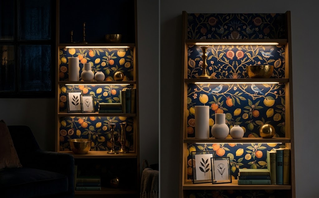 Shelf Wallpaper: 15 Ideas to Refresh Any Room 14 Navy floral shelf wallpaper lit by hidden warm LED strips under each shelf at night