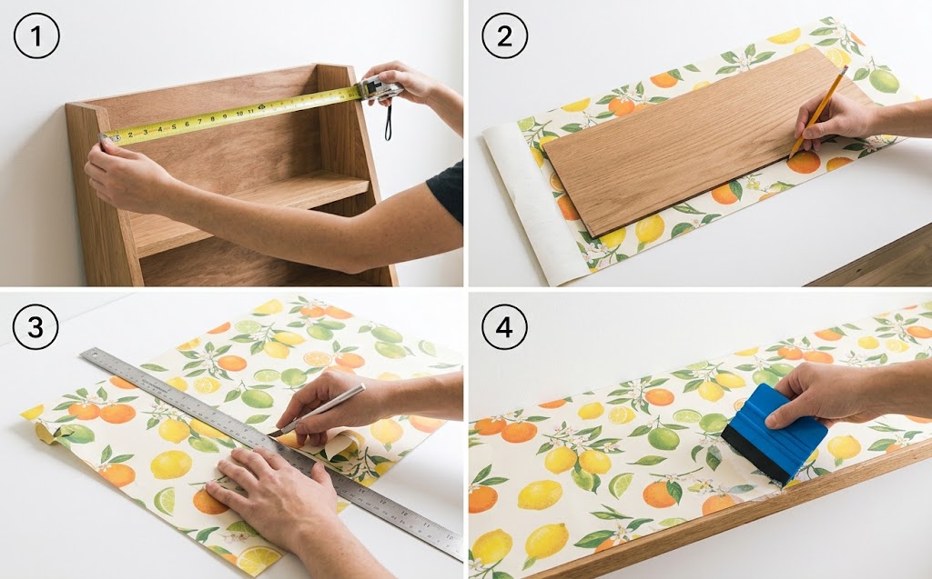Shelf Wallpaper: 15 Ideas to Refresh Any Room 12 Four steps to measure, cut, and smooth shelf wallpaper on a bookcase back panel