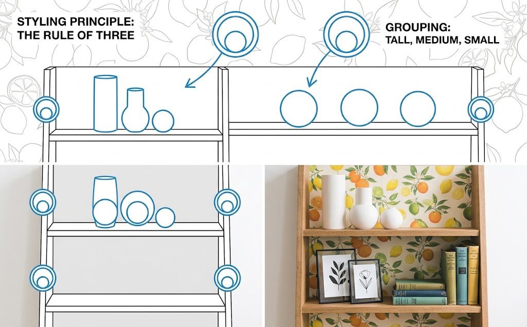 Shelf Wallpaper: 15 Ideas to Refresh Any Room 13 Room decor styling with the rule of three on shelves with patterned shelf wallpaper