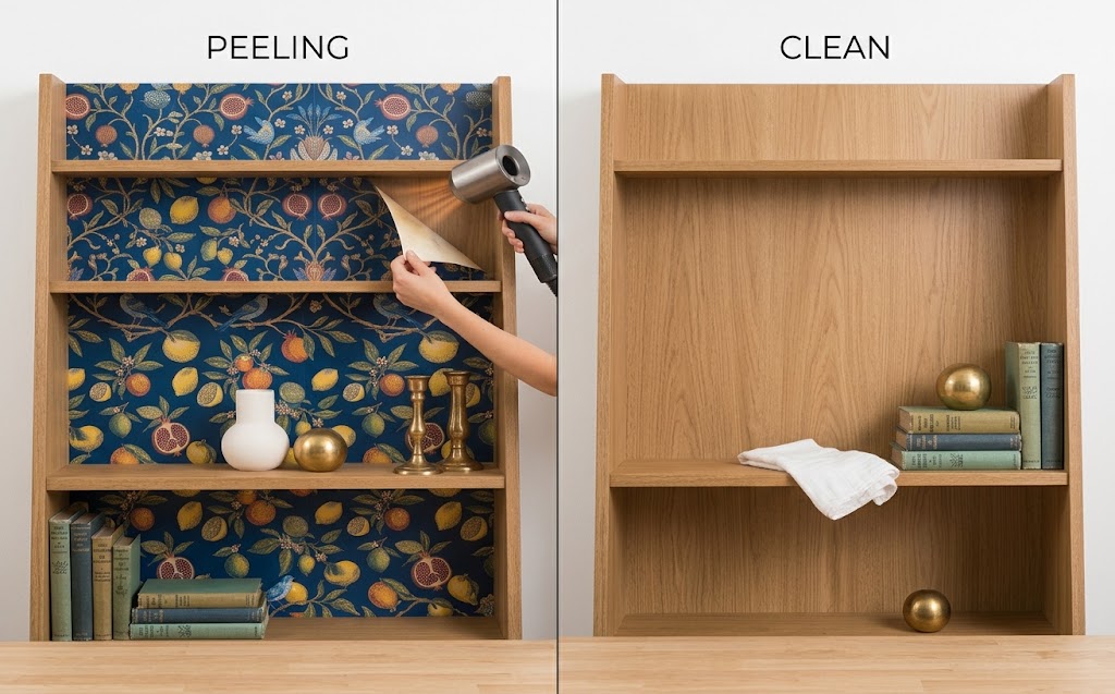 Shelf Wallpaper: 15 Ideas to Refresh Any Room 15 Removing peel-and-stick shelf wallpaper with a hair dryer to leave a clean back panel