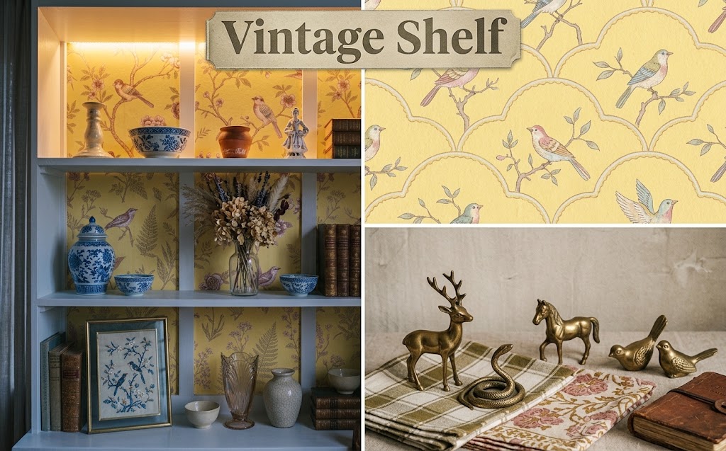 Shelf Wallpaper: 15 Ideas to Refresh Any Room 7 Scalloped shelf wallpaper in butter yellow with vintage ceramics and dried flowers