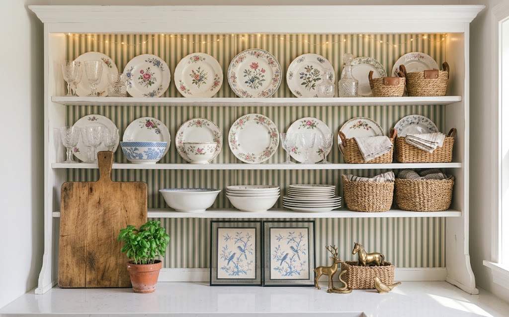 Shelf Wallpaper: 15 Ideas to Refresh Any Room 10 shelf-wallpaper-striped-china-hutch