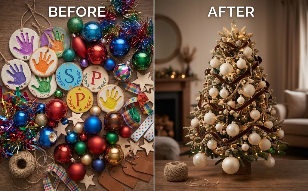  Before and after of a simple christmas tree ideas 2026 makeover using one color and warm lights