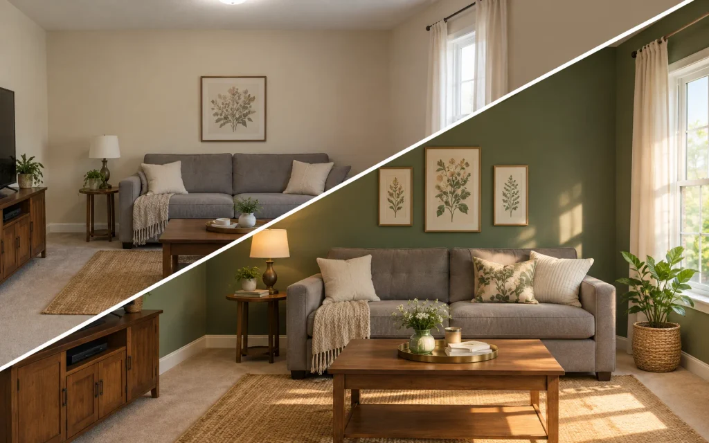  Before and after simple living room decor on a budget with a sage accent wall