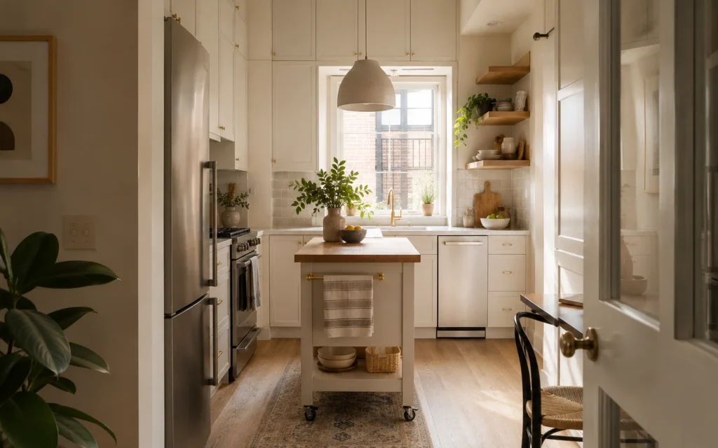 How to Remodel a Kitchen on a Budget: 18 Smart Ideas 10 Small kitchen remodel with slim cabinets, open shelves, and a narrow movable island