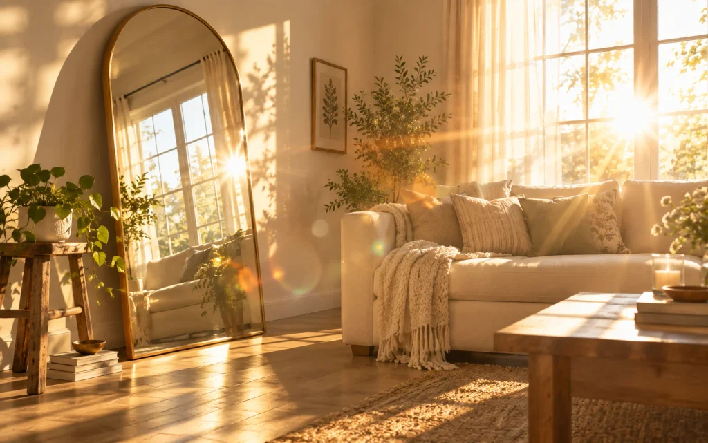  Large mirror brightening small living room decor on a budget with golden sunlight