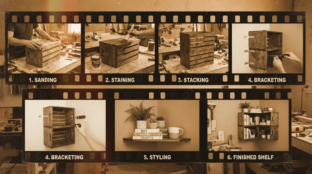 18 Budget Friendly Living Room Makeover: Cozy, Bold & Easy 10 Filmstrip of building a corner shelf from stacked wooden crates