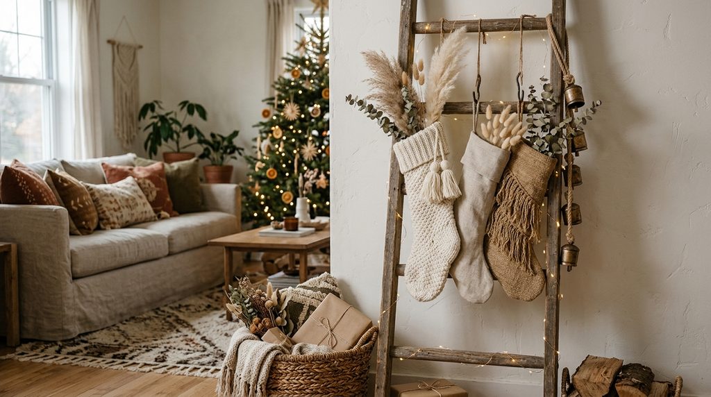 15 Dreamy Boho Christmas Living Room Ideas for a Cozy 2026 Makeover 9 Stocking ladder display