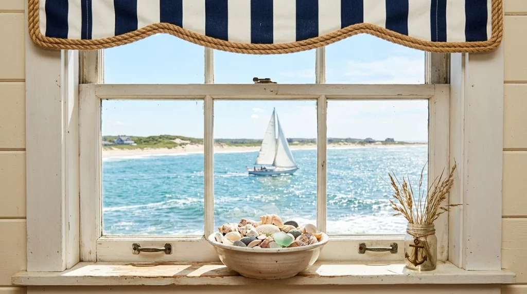 No Sew Window Valance Ideas: 30 Easy DIY Looks for Any Room 25 Coastal striped valance with rope trim in front of a sea view