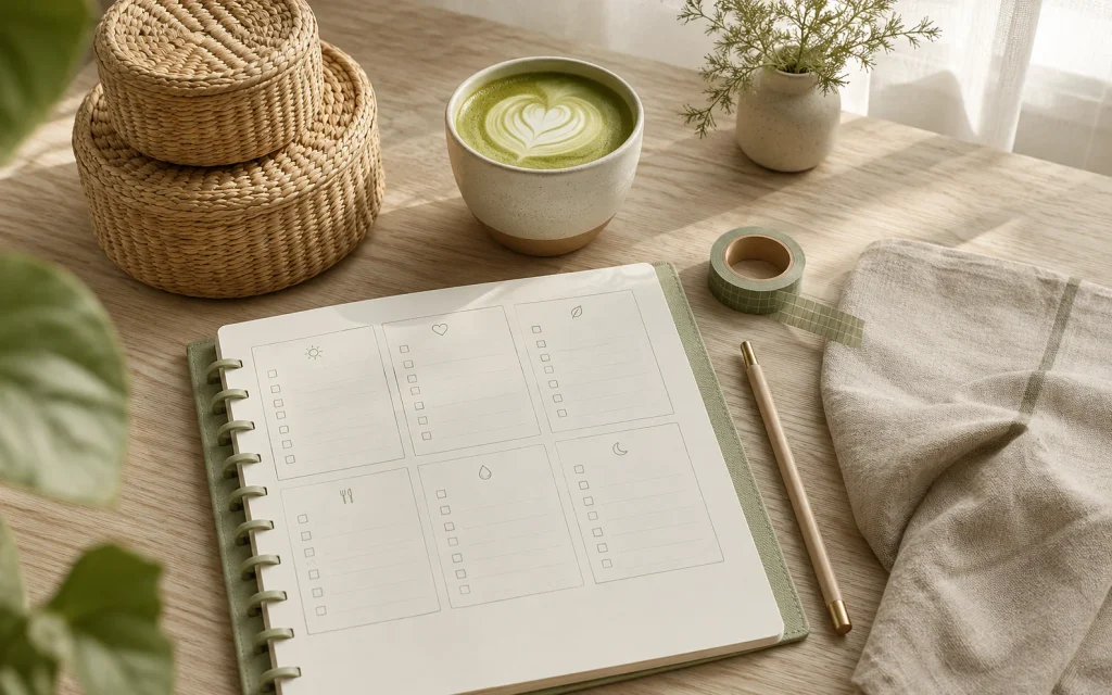 Affordable Tips to Organize Kitchen: 16 Easy Pinterest Ideas 1 Sunday reset flat lay with planner, baskets, and washi tape for kitchen organizing