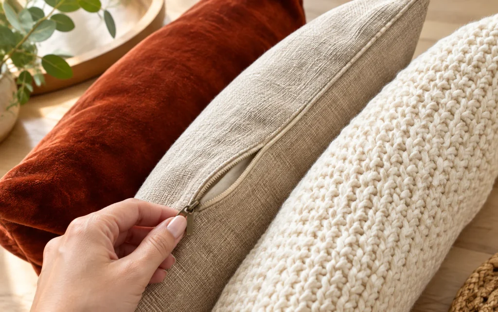 Rust velvet, linen, and knit pillow covers fanned out for a budget sofa refresh