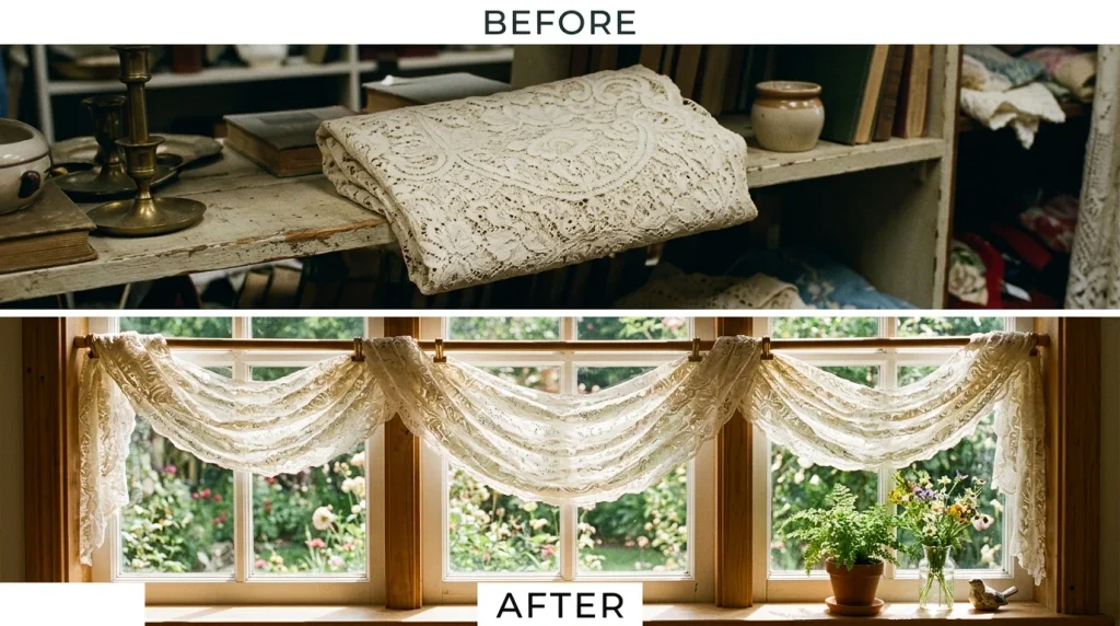 No Sew Window Valance Ideas: 30 Easy DIY Looks for Any Room 19 Before and after tablecloth turned into a window valance