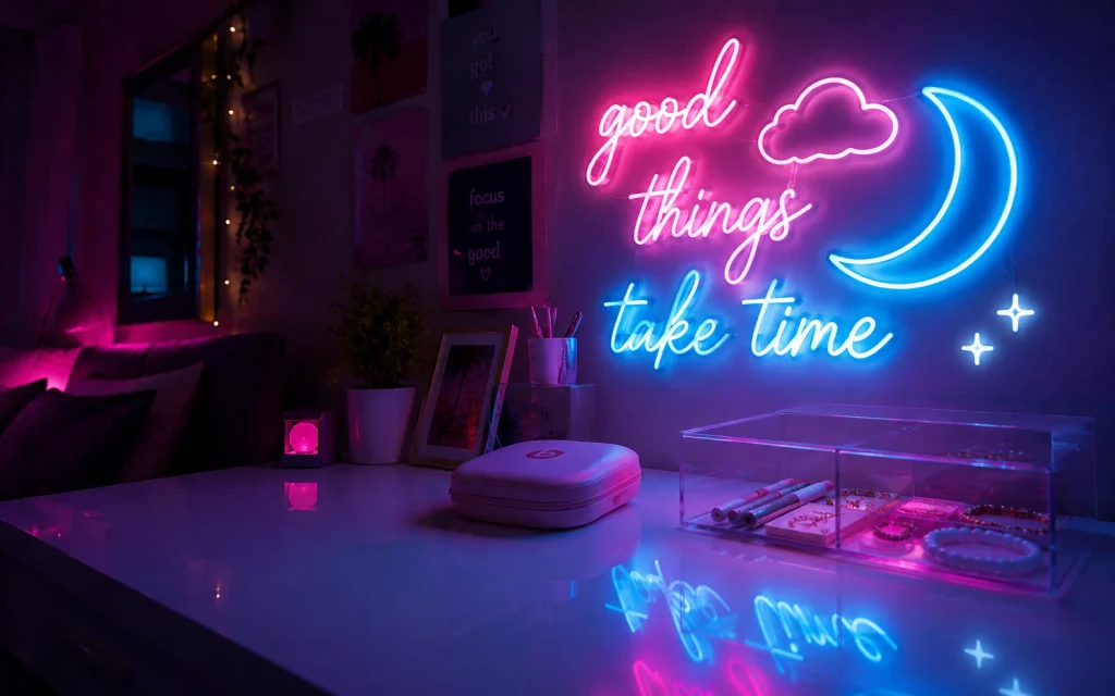 17 Bedroom Decor Ideas for a Girl: Cozy, Chic & Aesthetic 6 Teen girls bedroom decor with a pink and blue neon sign above a desk