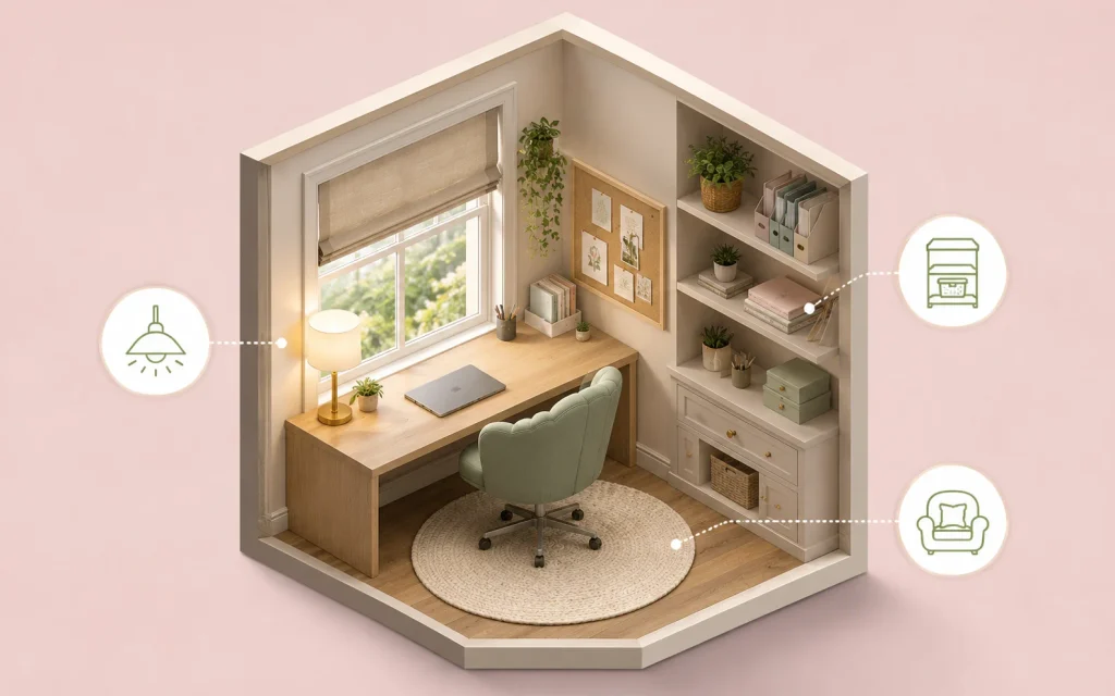 17 Bedroom Decor Ideas for a Girl: Cozy, Chic & Aesthetic 7 Teenager study desk nook with warm lamp, pinboard, and sage chair