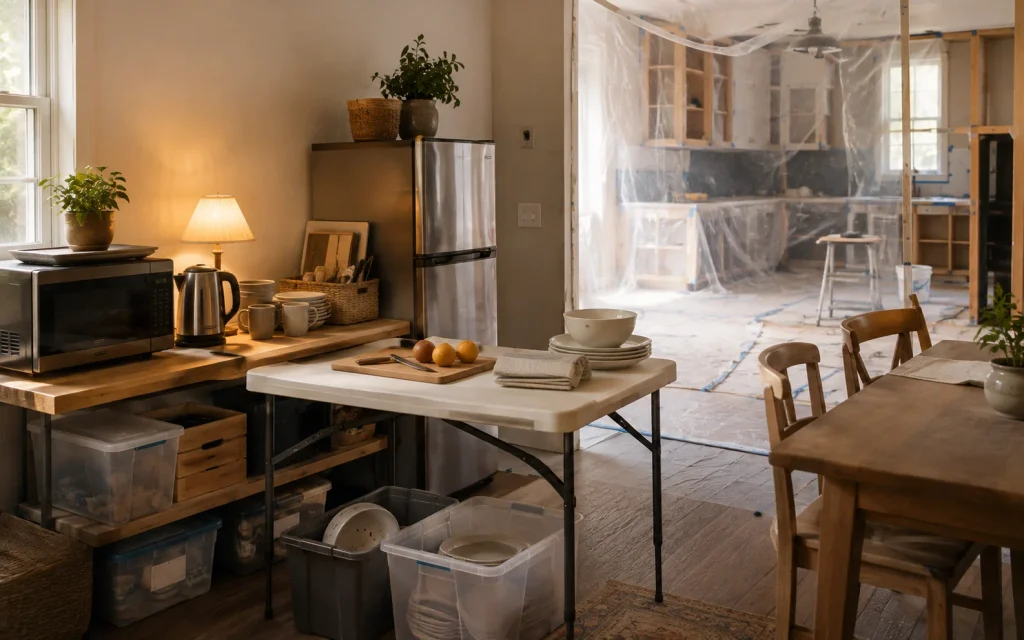 How to Remodel a Kitchen on a Budget: 18 Smart Ideas 19 Temporary kitchen setup with a compact refrigerator and prep table during a remodel