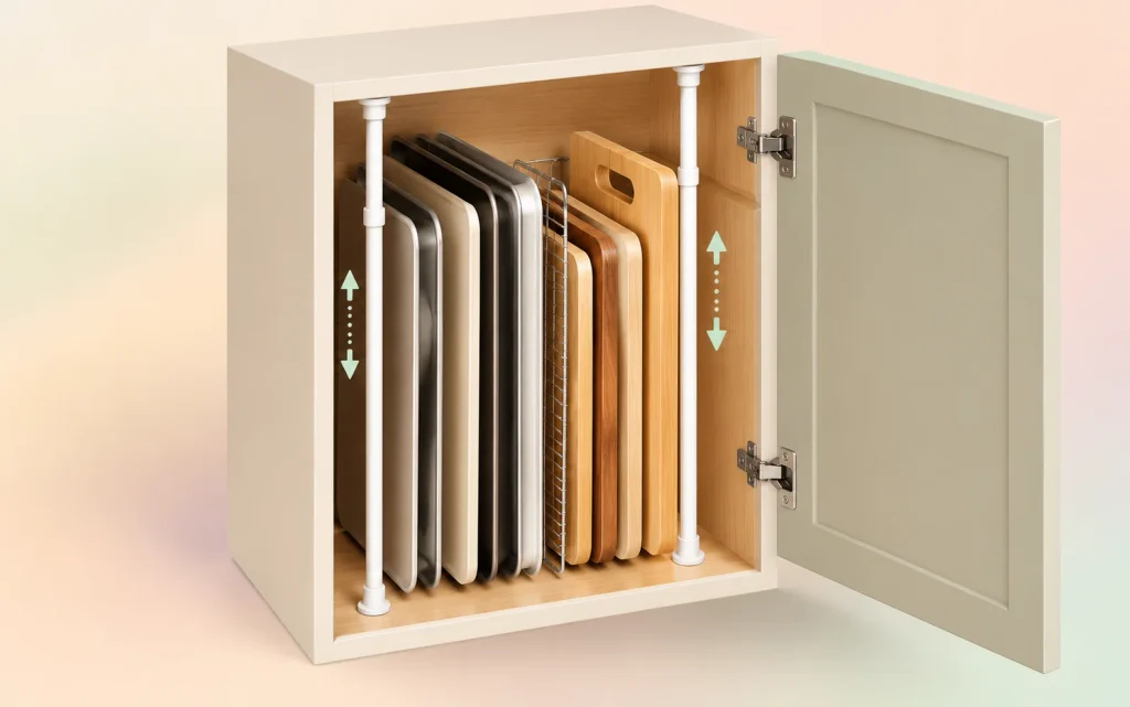 Affordable Tips to Organize Kitchen: 16 Easy Pinterest Ideas 4 Isometric cutaway of tension rods sorting baking sheets in a cabinet