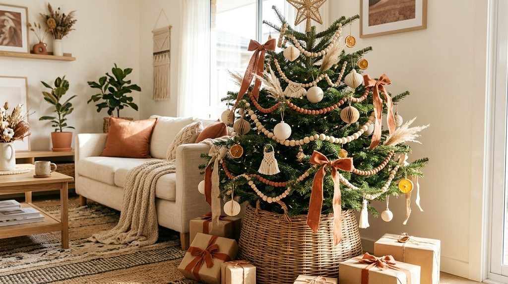 15 Dreamy Boho Christmas Living Room Ideas for a Cozy 2026 Makeover 4 Terracotta boho tree