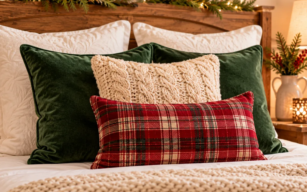 Velvet, knit, and plaid pillows