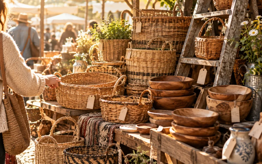 Flea market stall with thrifted woven baskets for rustic living room storage