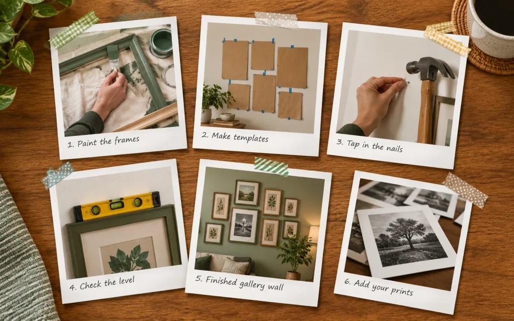 18 Budget Friendly Living Room Makeover: Cozy, Bold & Easy 6 Polaroid collage of making a thrifted frame gallery wall