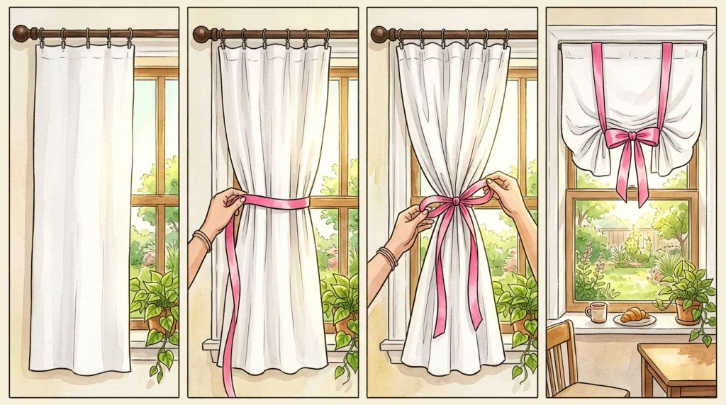 No Sew Window Valance Ideas: 30 Easy DIY Looks for Any Room 13 Four steps of making a tie-up valance with ribbon bows