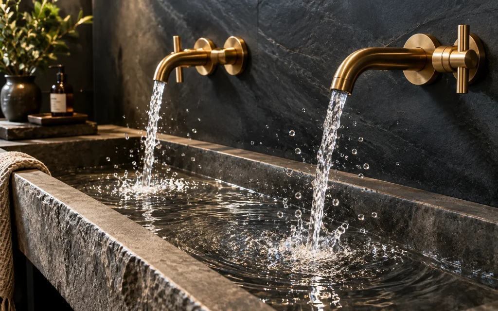  Water streaming from two brass faucets into a long stone trough sink