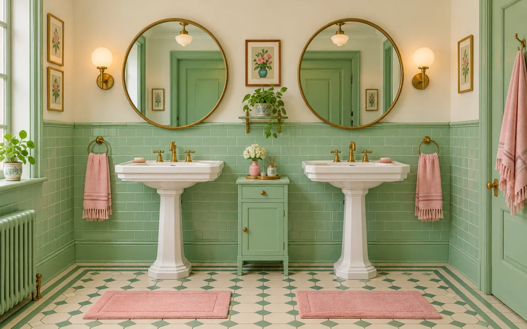 Two white pedestal sinks side by side against mint green tile