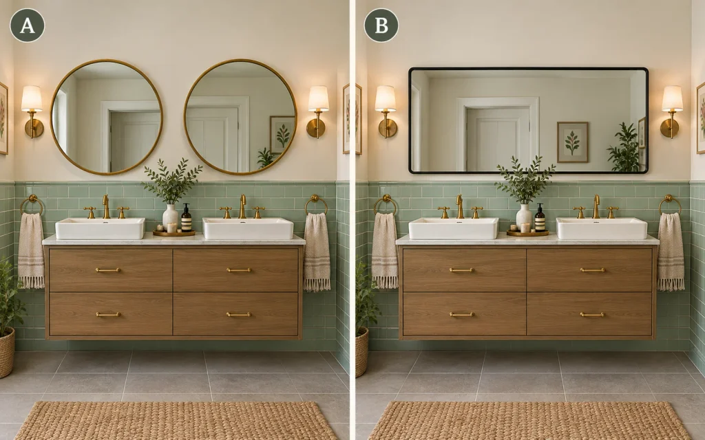 Comparison of two round mirrors and one wide mirror above a double vanity