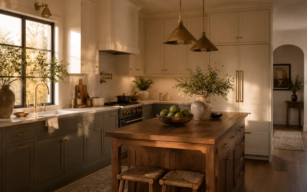 How to Remodel a Kitchen on a Budget: 18 Smart Ideas 16 Two-tone kitchen with ivory upper cabinets, sage lower cabinets, and a walnut island