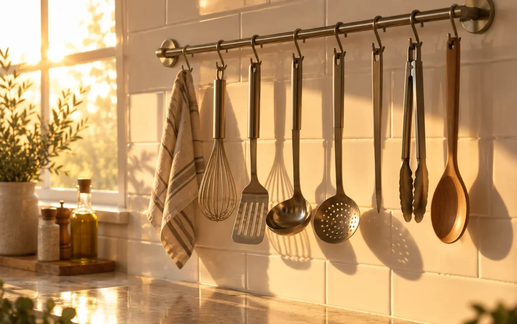 Affordable Tips to Organize Kitchen: 16 Easy Pinterest Ideas 14 Silhouette of kitchen utensils hanging from a rail with S-hooks