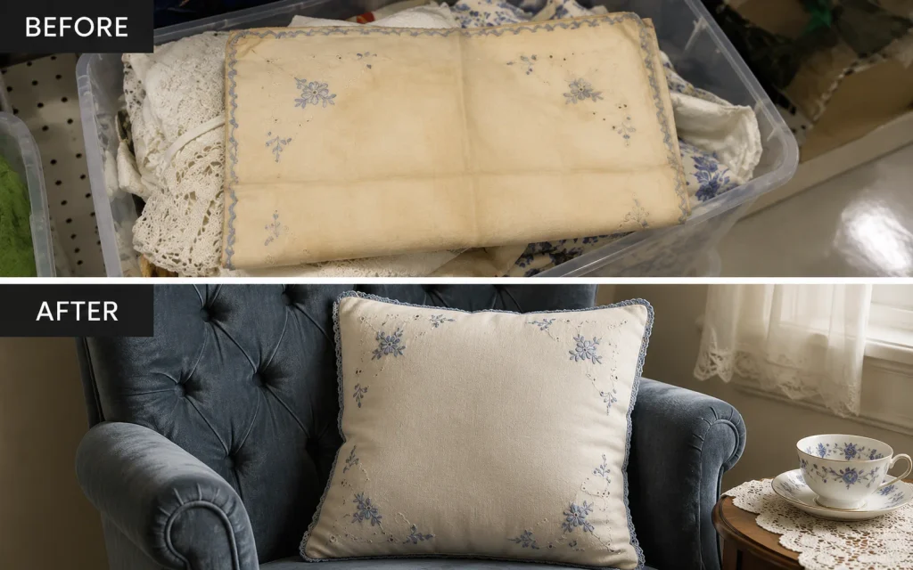 Placemat Pillow Ideas: 27 Easy No-Sew DIY Projects to Try 23 Vintage embroidered placemat transformed into a charming pillow