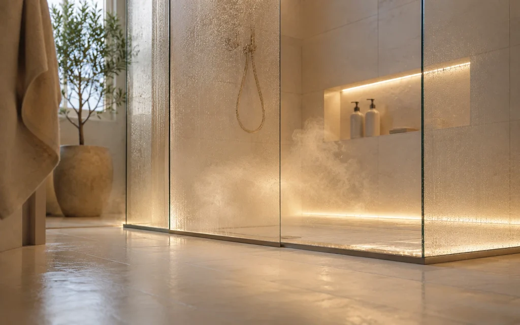 Walk in shower with a glass panel, large cream tile, and a built-in niche