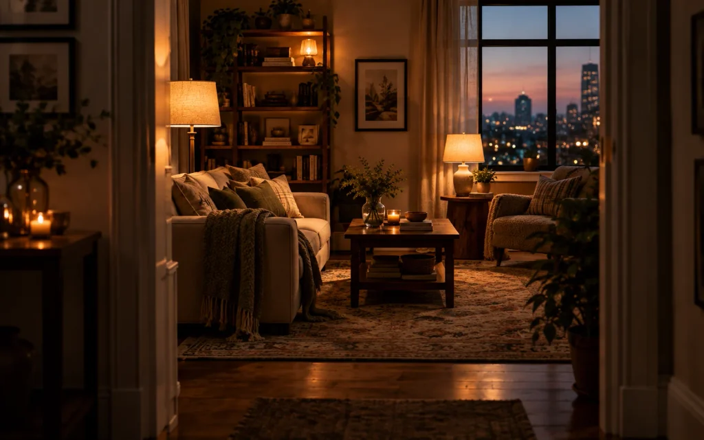 Living room glowing with three warm lamps at dusk