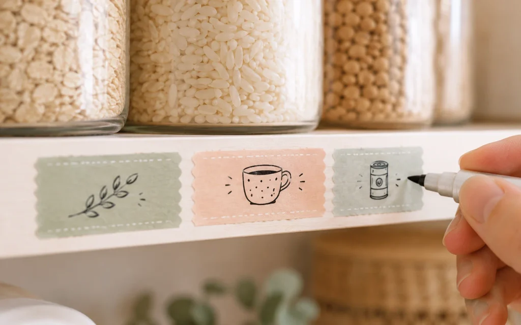Affordable Tips to Organize Kitchen: 16 Easy Pinterest Ideas 10 Pastel washi tape labels on a pantry shelf edge with a marker