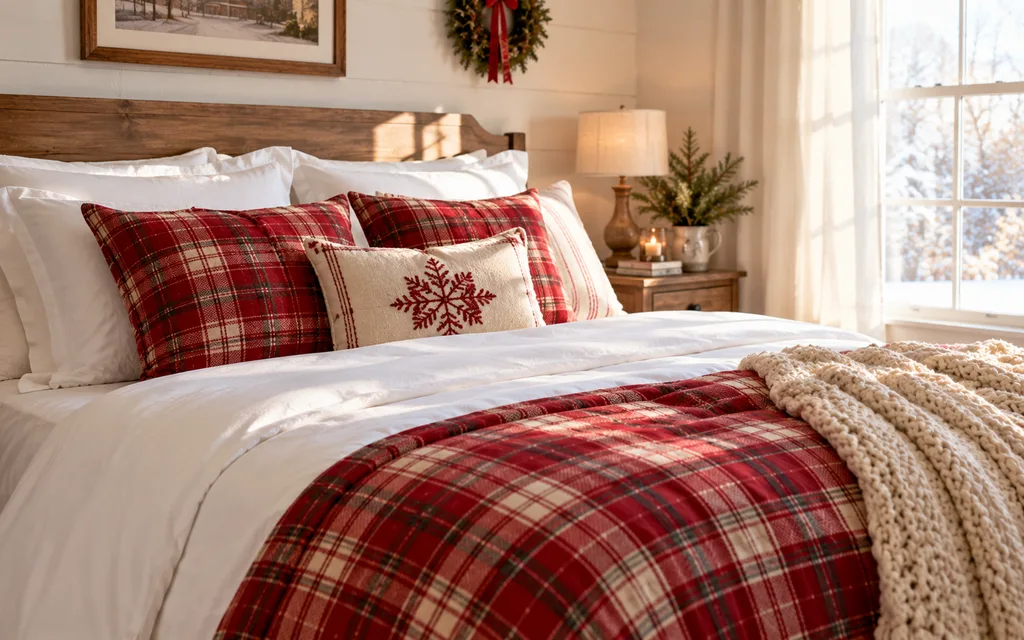 White bed with a red plaid layer