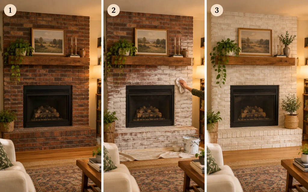 18 Budget Friendly Living Room Makeover: Cozy, Bold & Easy 4 Three steps of whitewashing a brick fireplace in a living room makeover
