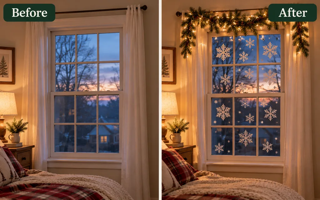 Bedroom window with paper snowflakes