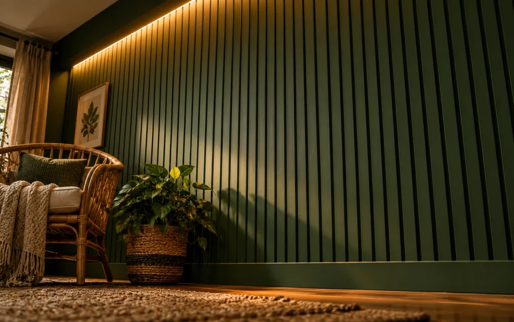 18 Budget Friendly Living Room Makeover: Cozy, Bold & Easy 5 Deep green wood slat accent wall lit by a warm LED strip